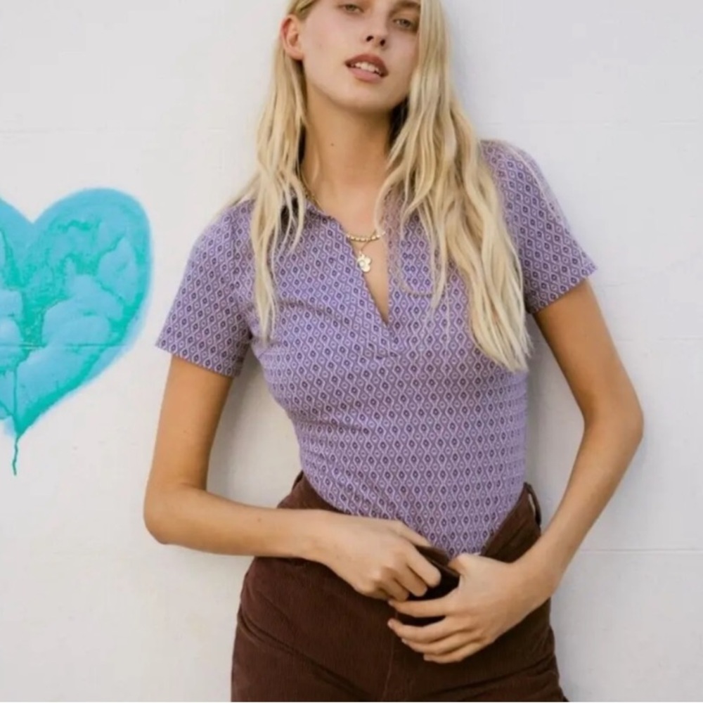 ZARA NWOT Geometric Print Open Back Collared Bodysuit, Purple, Size Medium